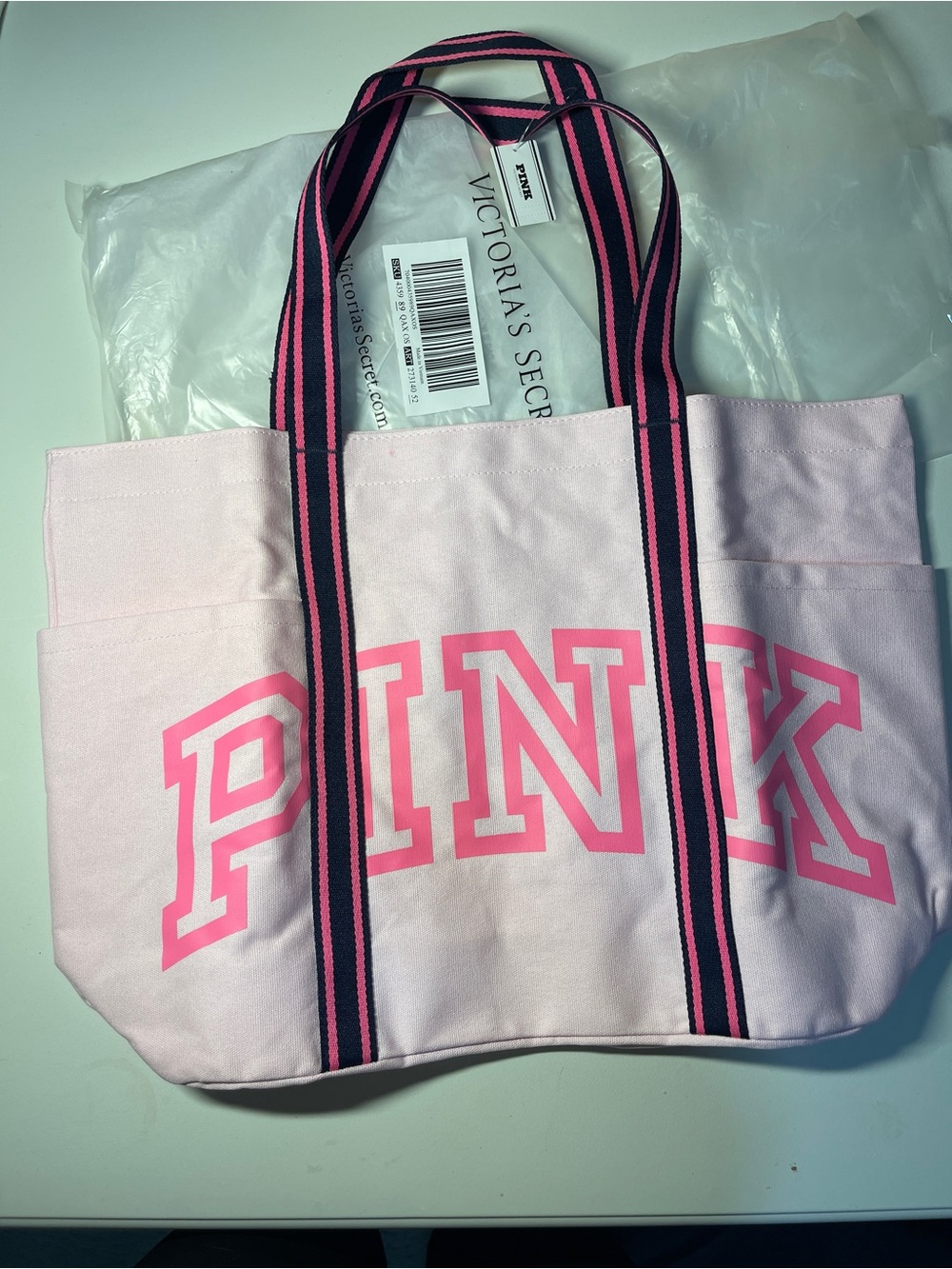 Victoria's Secret PINK Light Pink Canvas Tote with Navy-Striped Handles